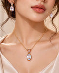Gold-Tone Oval Crystal Necklace and Earrings Set for Women