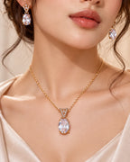 Gold-Tone Oval Crystal Necklace and Earrings Set for Women