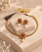 Gold-Tone Rajwari Set with Ruby Floral Pendant and Pearl Drop Earrings