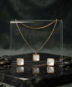 Gold-Tone Square Pendant Necklace and Earrings Set for Women – Minimalist Jewelry Set