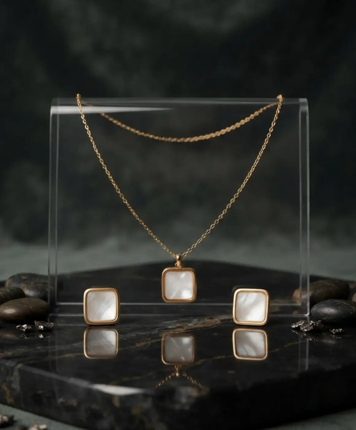 Gold-Tone Square Pendant Necklace and Earrings Set for Women – Minimalist Jewelry Set