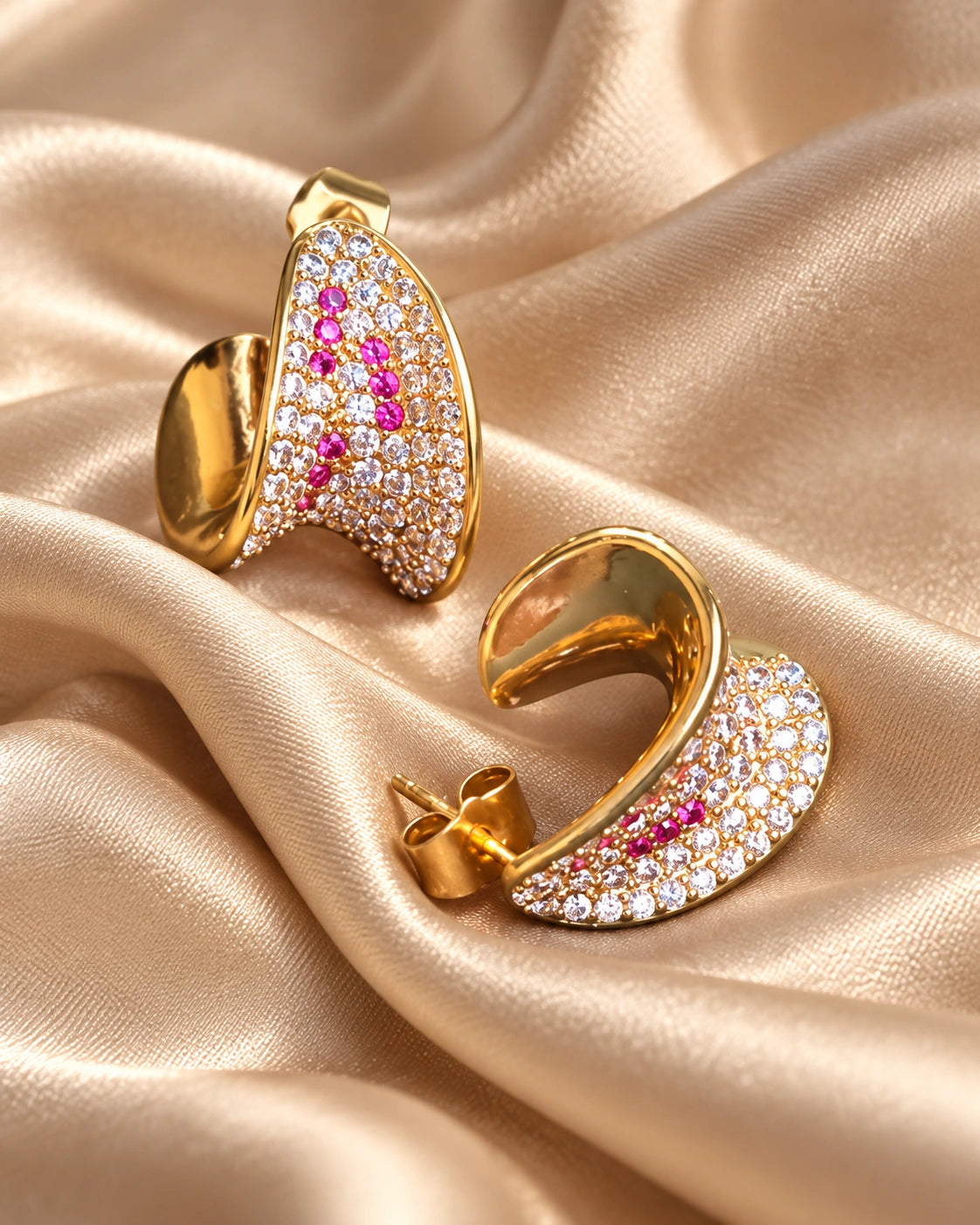 Gold-Tone Crystal Hoop Earrings for Women – Pink & Clear Stone Design