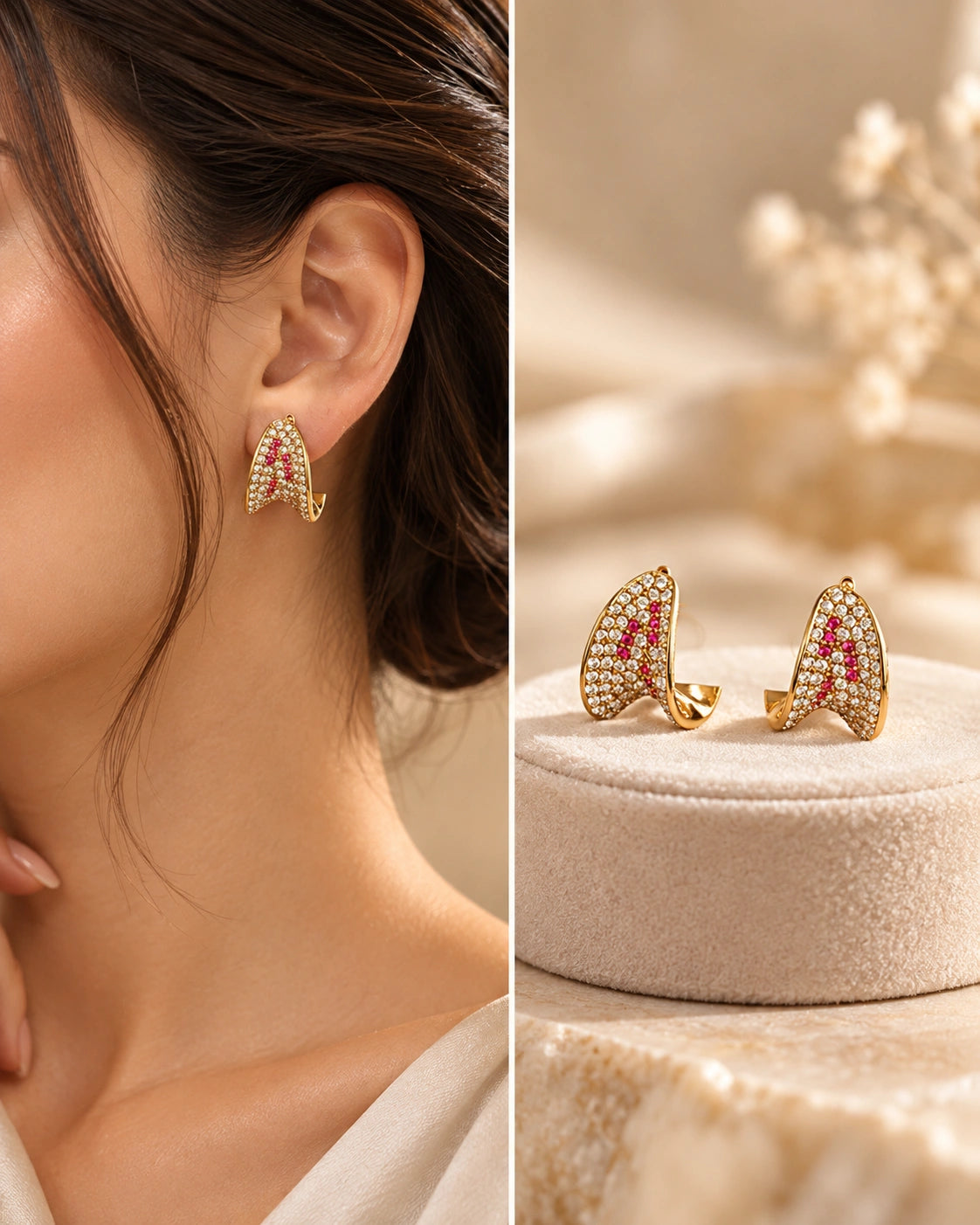 Gold-Tone Crystal Hoop Earrings for Women – Pink & Clear Stone Design