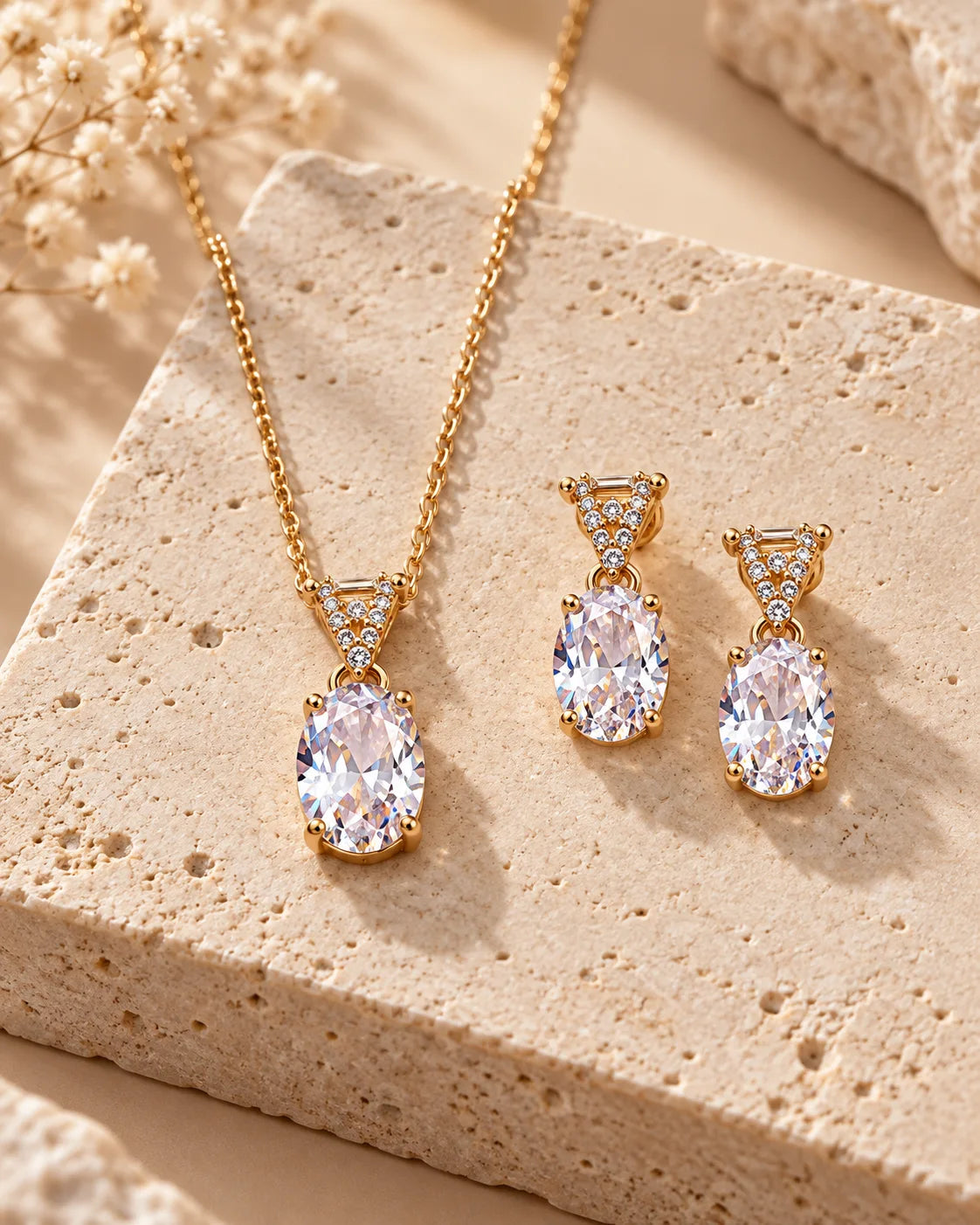 Gold-Tone Oval Crystal Necklace and Earrings Set for Women