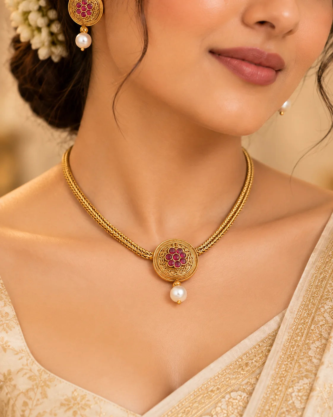 Gold-Tone Rajwari Set with Ruby Floral Pendant and Pearl Drop Earrings