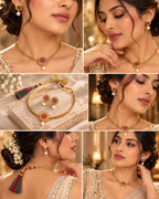 Gold-Tone Rajwari Set with Ruby Floral Pendant and Pearl Drop Earrings