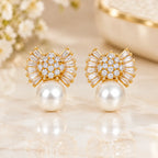 Golden fan earrings with pearl drops