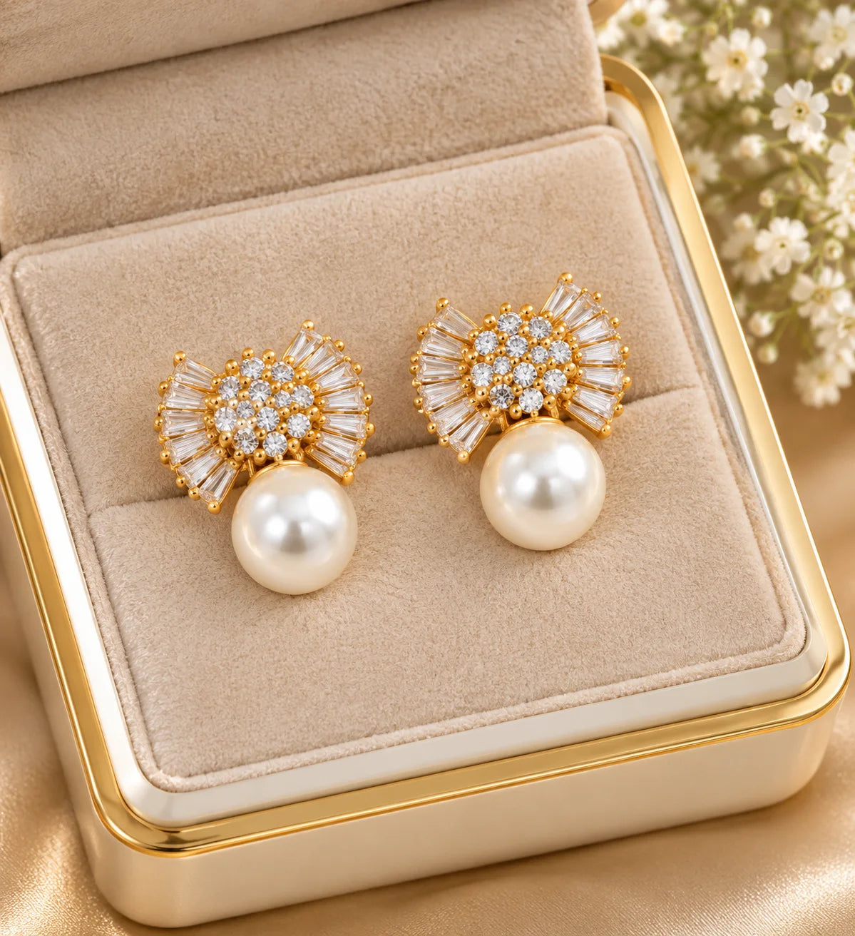 Gold-tone statement earrings with pearl accents