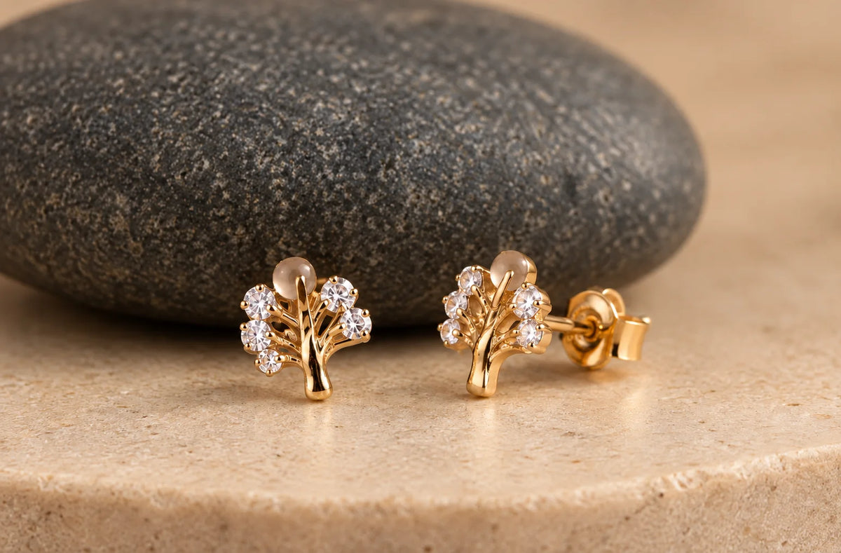 Golden tree branch crystal stud earrings