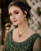 Golden Green Floral Rajwari Necklace Set with Pearl Drop Earrings
