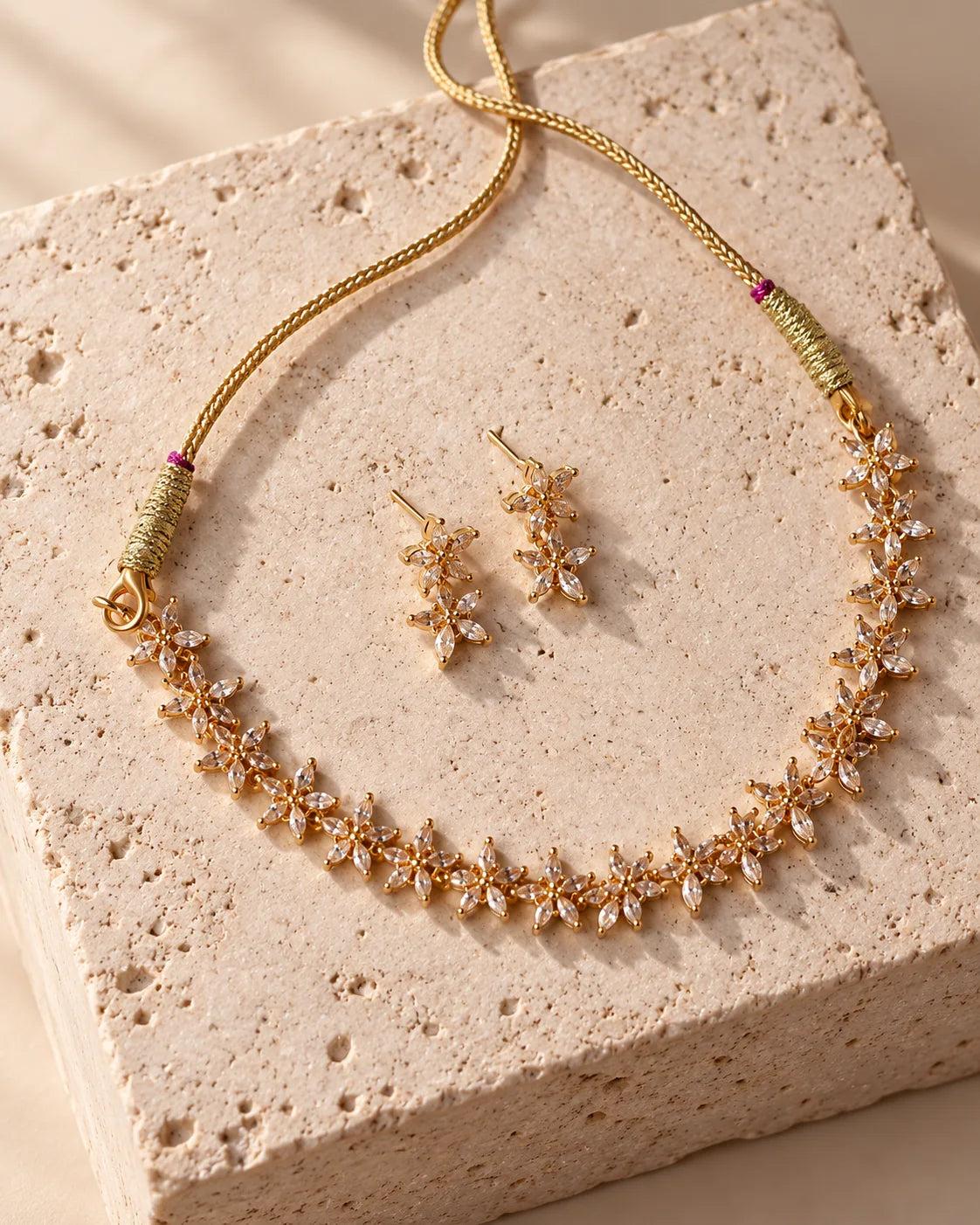 Golden Starburst Crystal Necklace Set with Matching Earrings