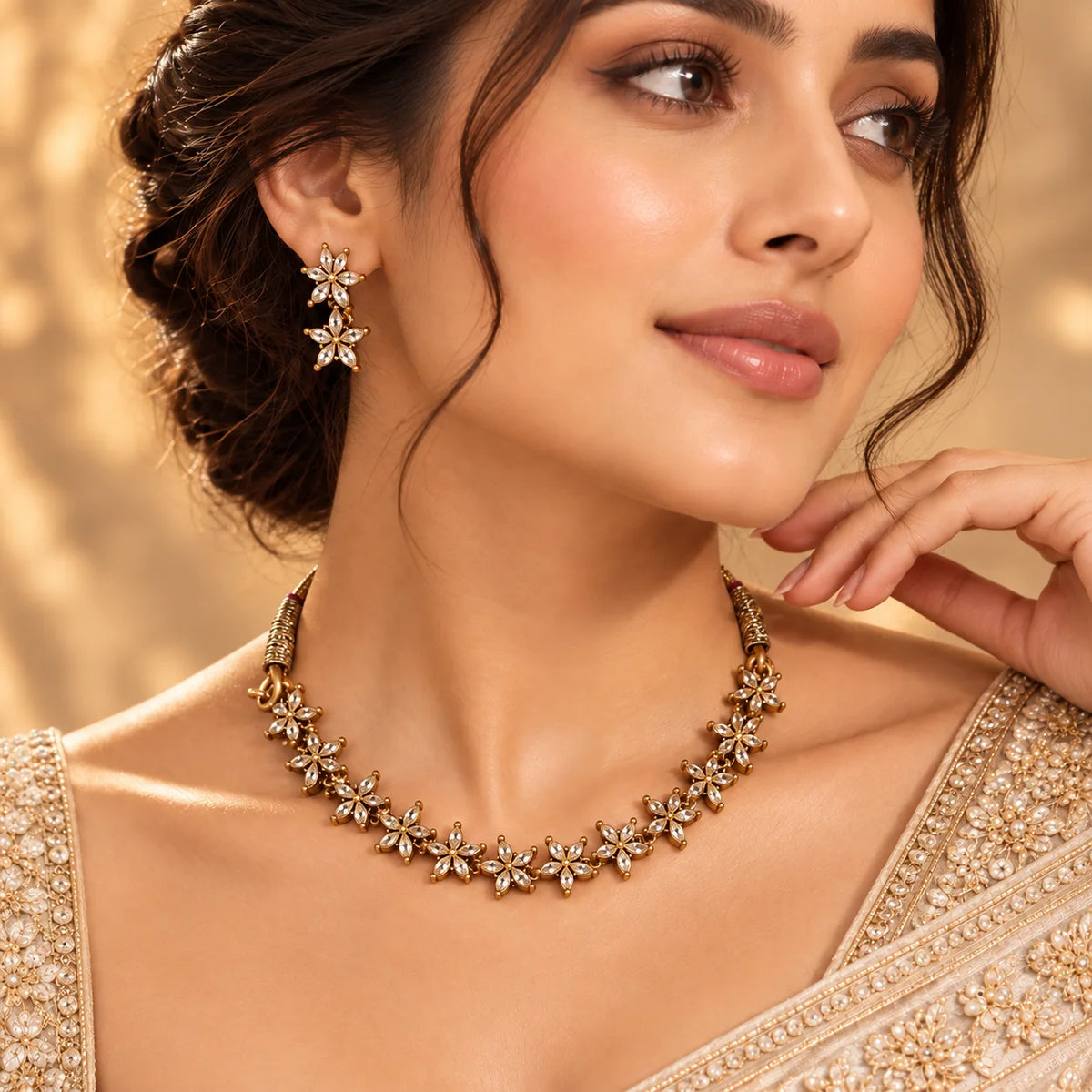 Golden Blossom Crystal Necklace with Matching Floral Drop Earrings