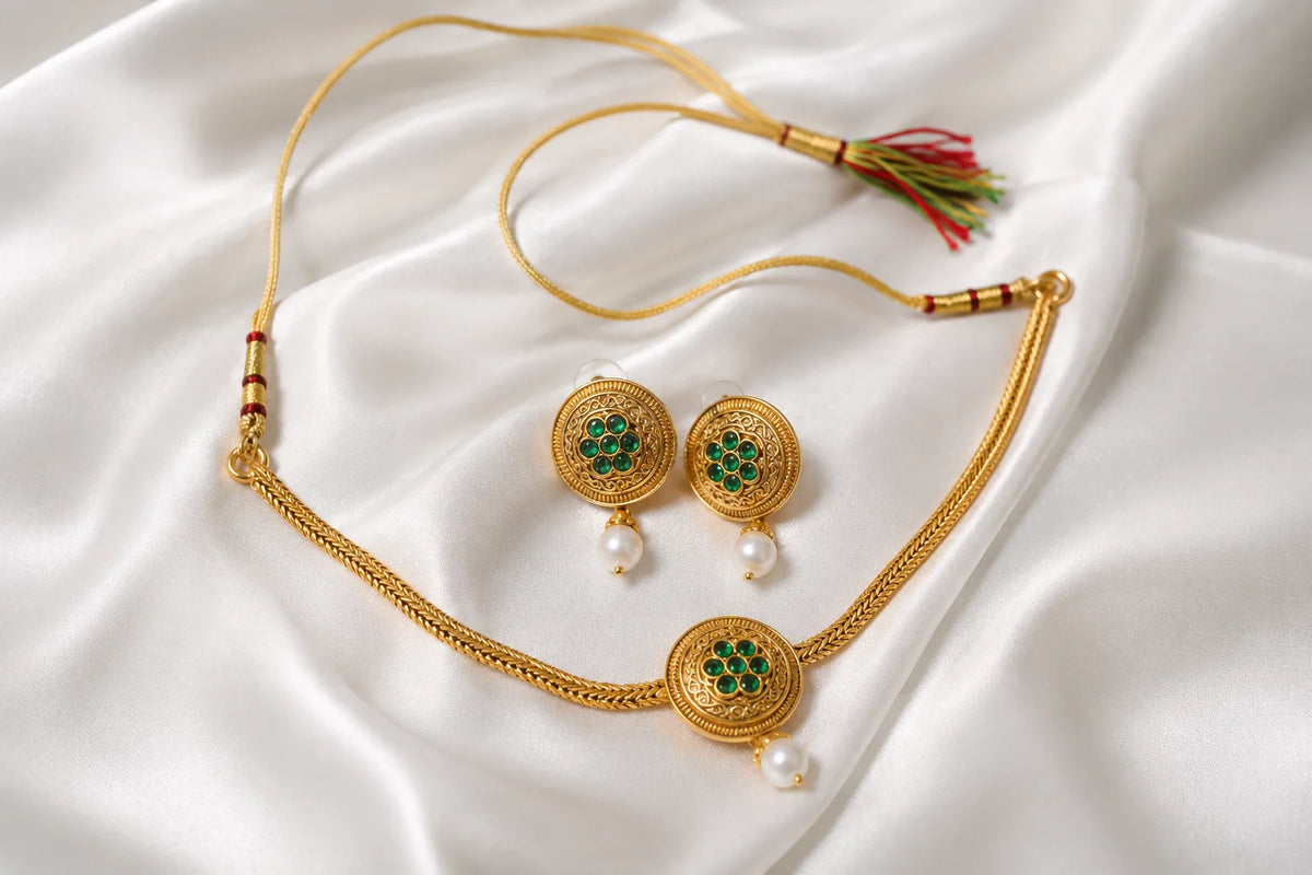 Golden Green Floral Rajwari Necklace Set with Pearl Drop Earrings