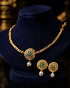 Golden Green Floral Rajwari Necklace Set with Pearl Drop Earrings
