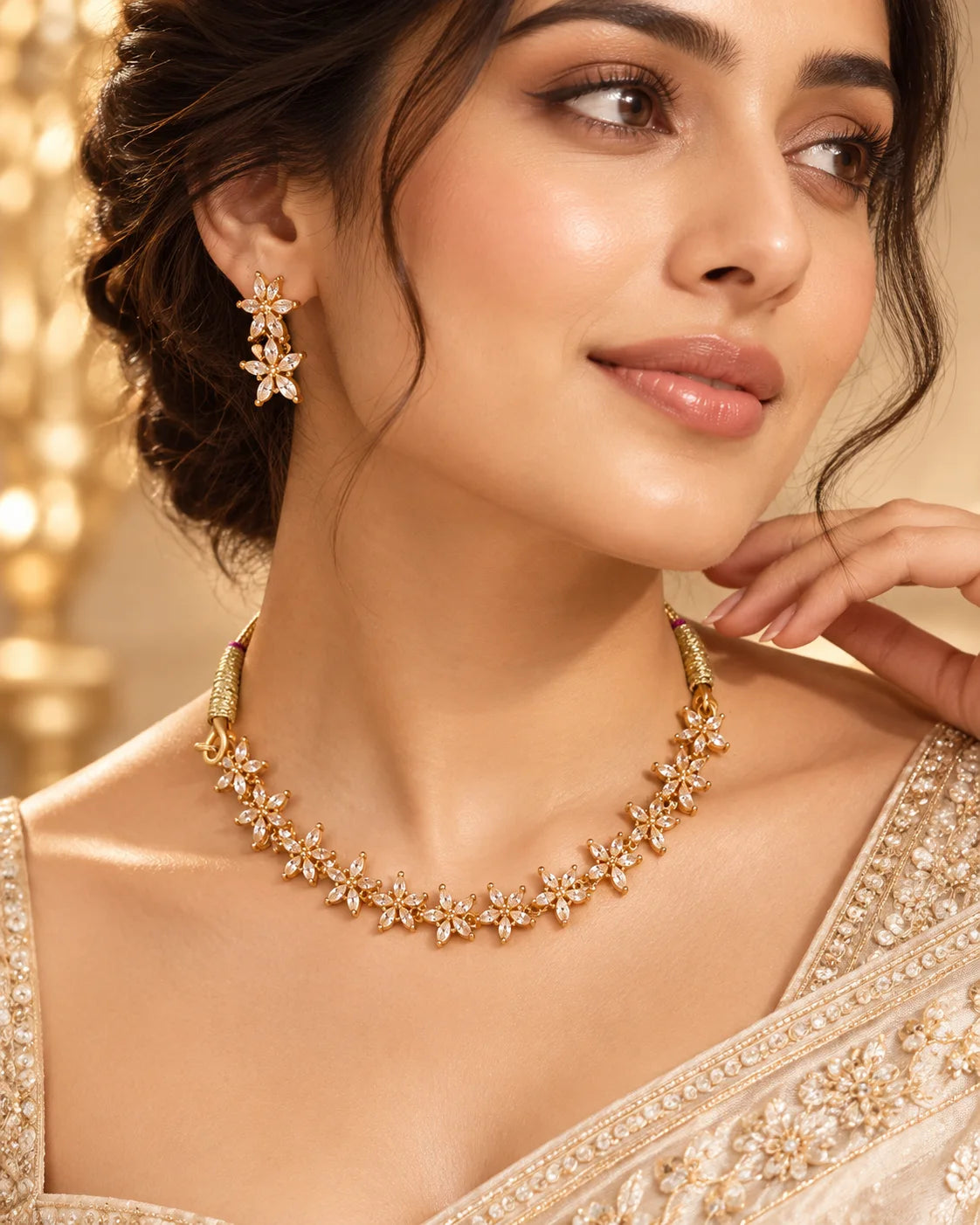Golden Starburst Crystal Necklace Set with Matching Earrings