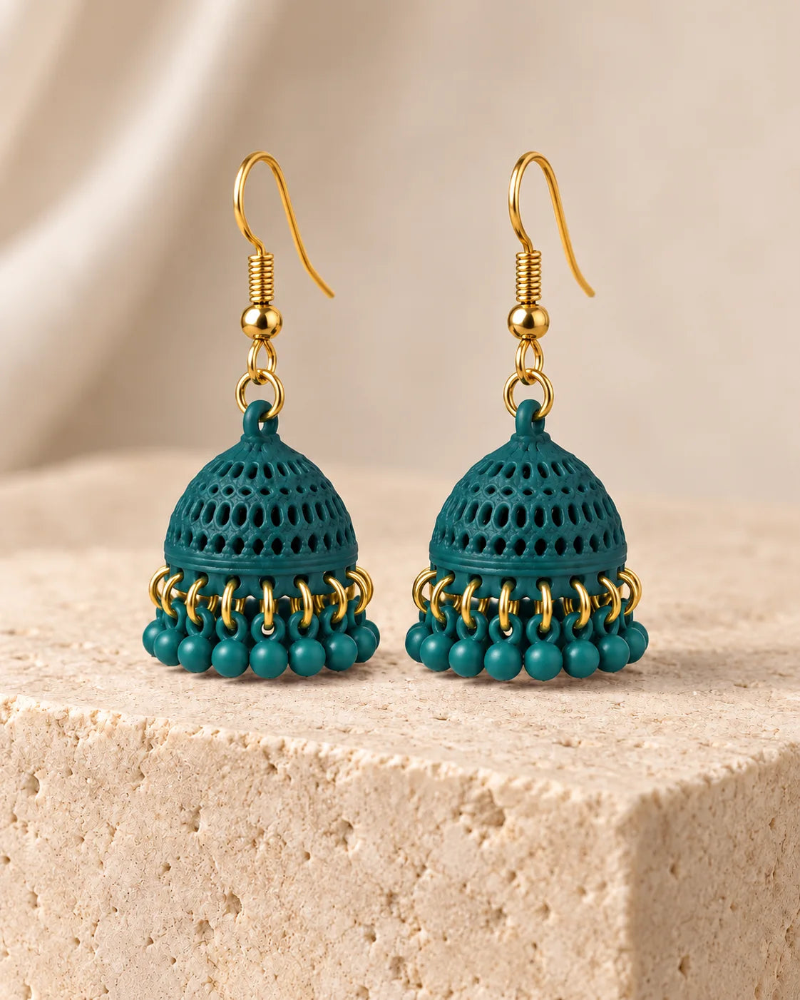Green Dome Jhumki Earrings with Gold Bead Detailing for Women