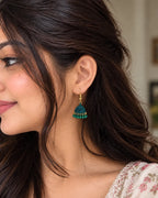 Green Dome Jhumki Earrings with Gold Bead Detailing for Women