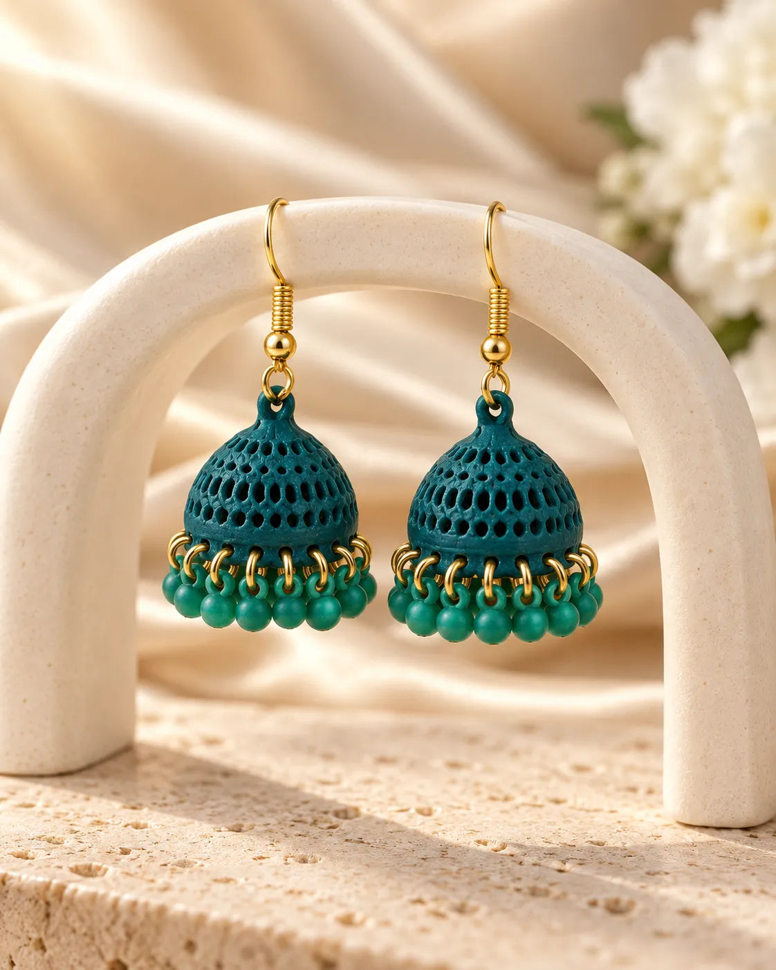 Green Dome Jhumki Earrings with Gold Bead Detailing for Women