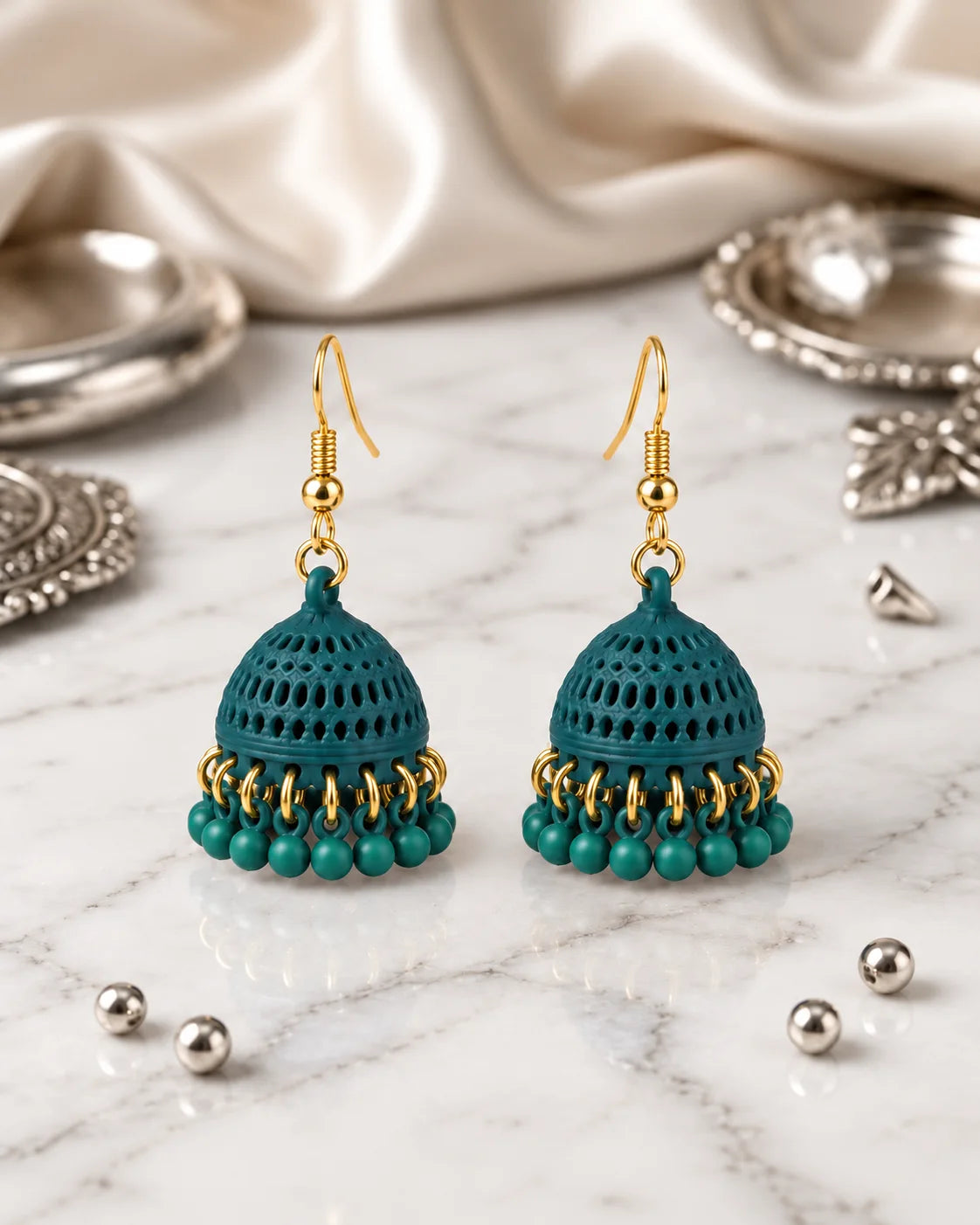 Green Dome Jhumki Earrings with Gold Bead Detailing for Women