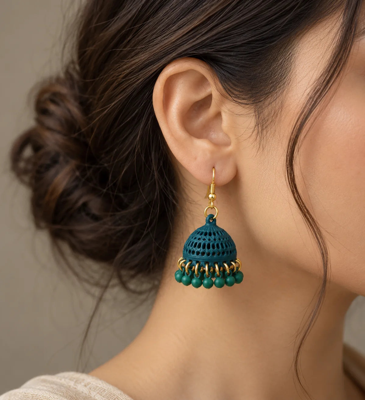 Green Dome Jhumki Earrings with Gold Bead Detailing for Women
