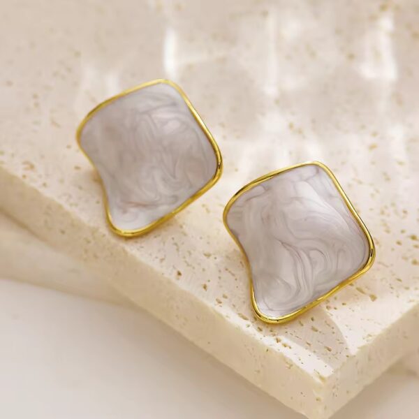 Irregular Geometric Square Earrings White Enamel Gold Plated Stainless Steel Fashion Studs