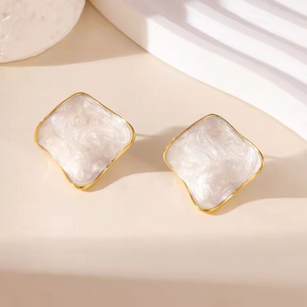 Irregular Geometric Square Earrings White Enamel Gold Plated Stainless Steel Fashion Studs