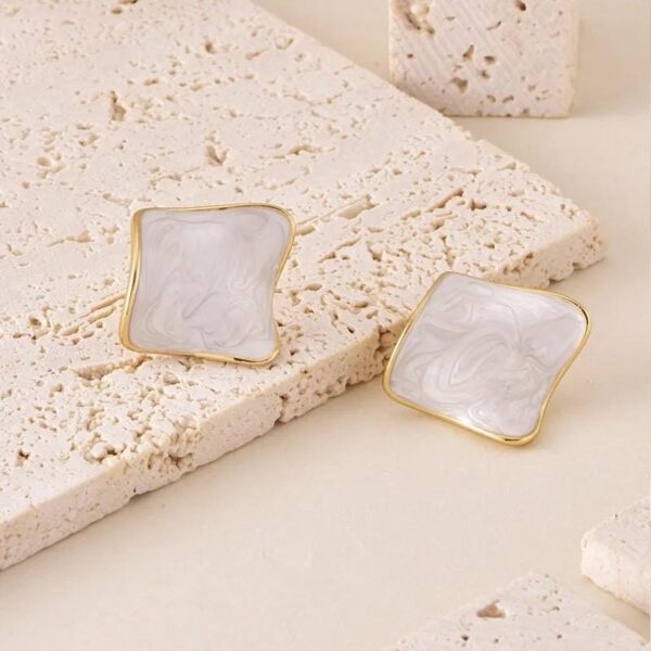 Irregular Geometric Square Earrings White Enamel Gold Plated Stainless Steel Fashion Studs