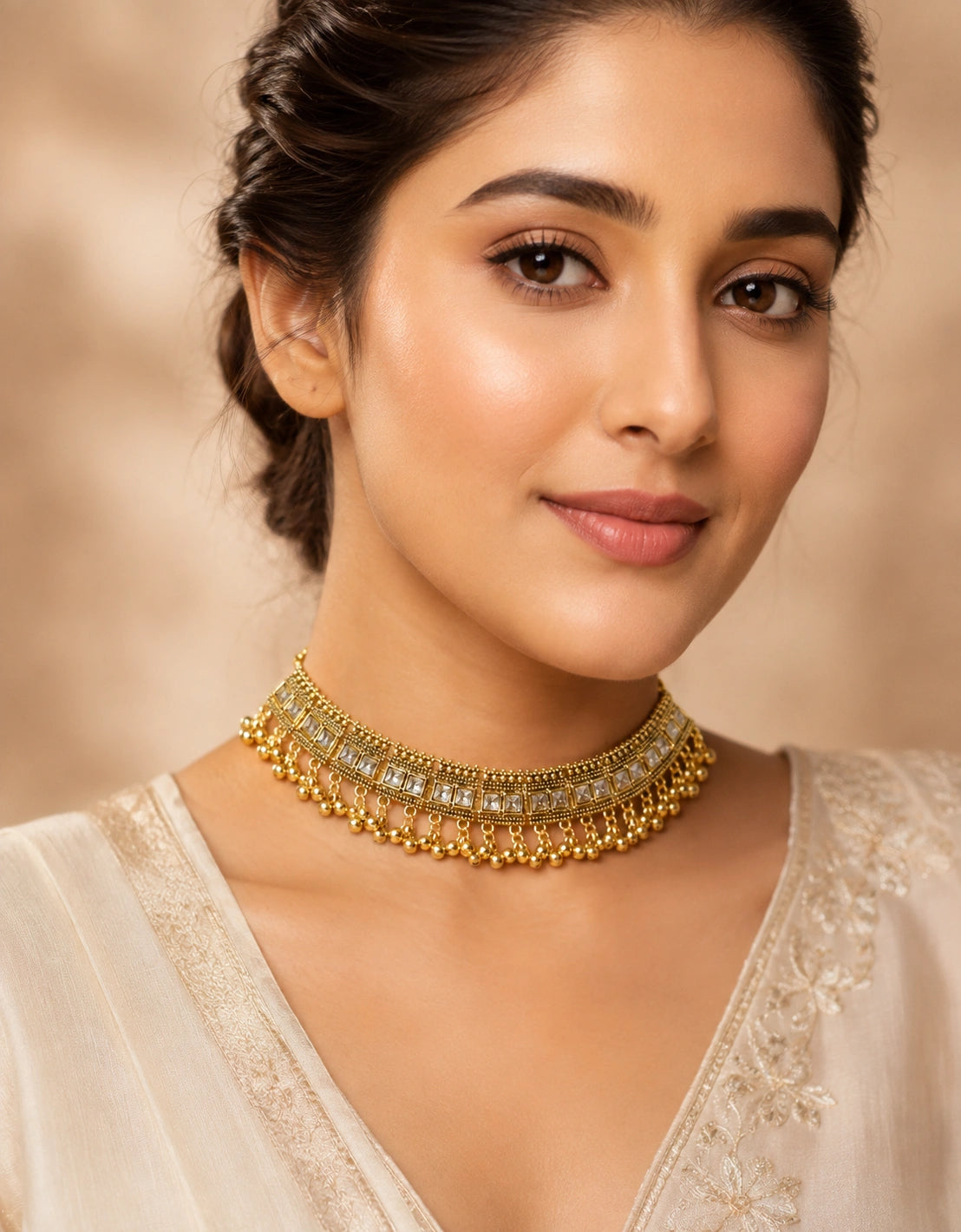 Traditional Gold-Tone Kundan Style Necklace Set with Jhumka Earrings