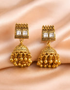 Traditional Gold-Tone Kundan Style Necklace Set with Jhumka Earrings