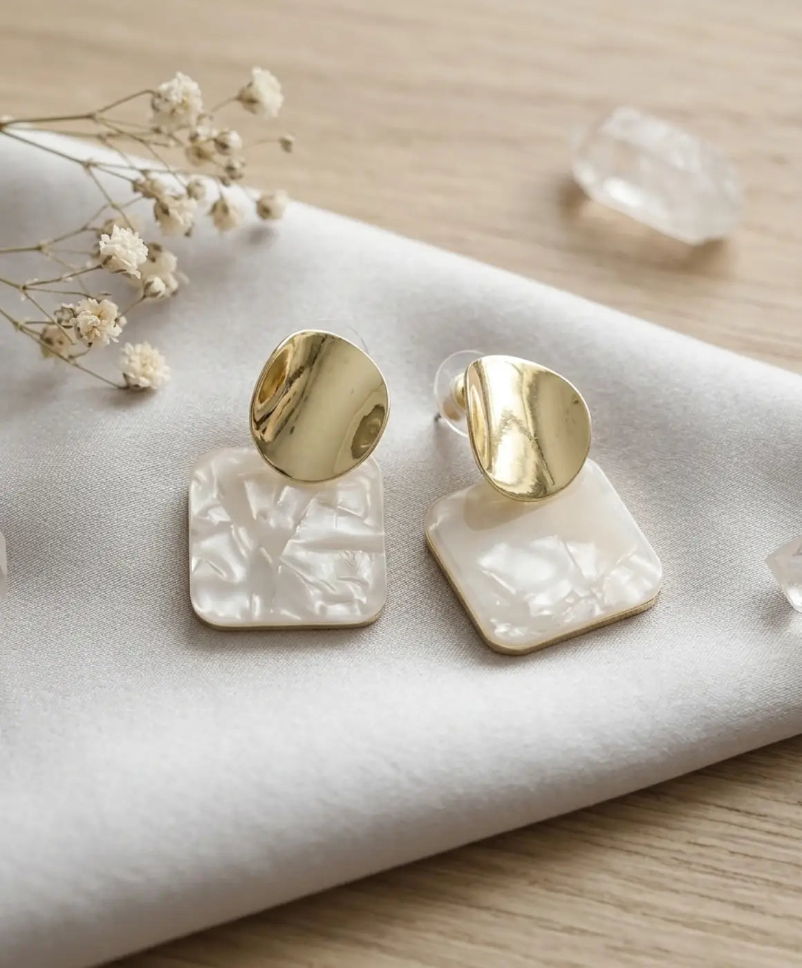Luxurious Gold-Tone Pearl Effect Square Sequin Statement Earrings