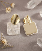 Luxurious Gold-Tone Pearl Effect Square Sequin Statement Earrings