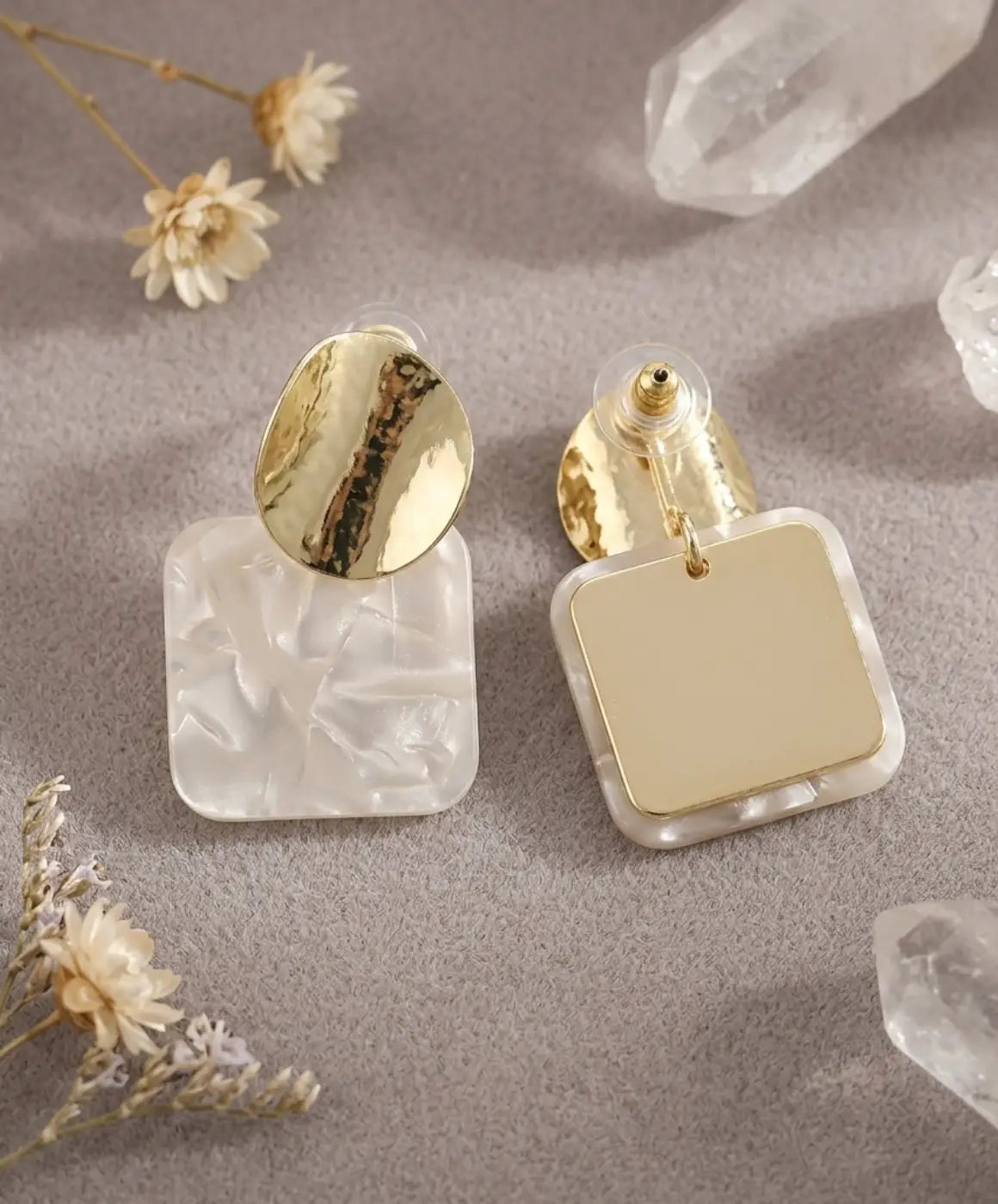 Luxurious Gold-Tone Pearl Effect Square Sequin Statement Earrings