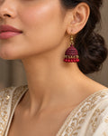 Maroon Dome Jhumka Earrings with Red Bead Fringe