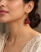 Maroon Dome Jhumka Earrings with Red Bead Fringe