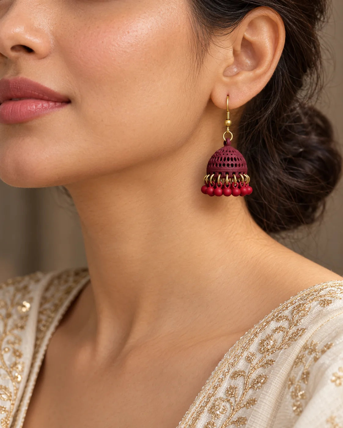 Maroon Dome Jhumka Earrings with Red Bead Fringe