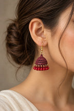 Maroon Dome Jhumka Earrings with Red Bead Fringe