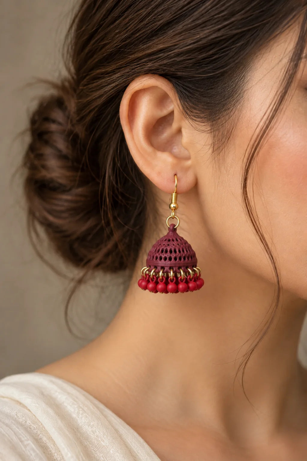 Maroon Dome Jhumka Earrings with Red Bead Fringe
