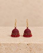 Maroon Dome Jhumka Earrings with Red Bead Fringe