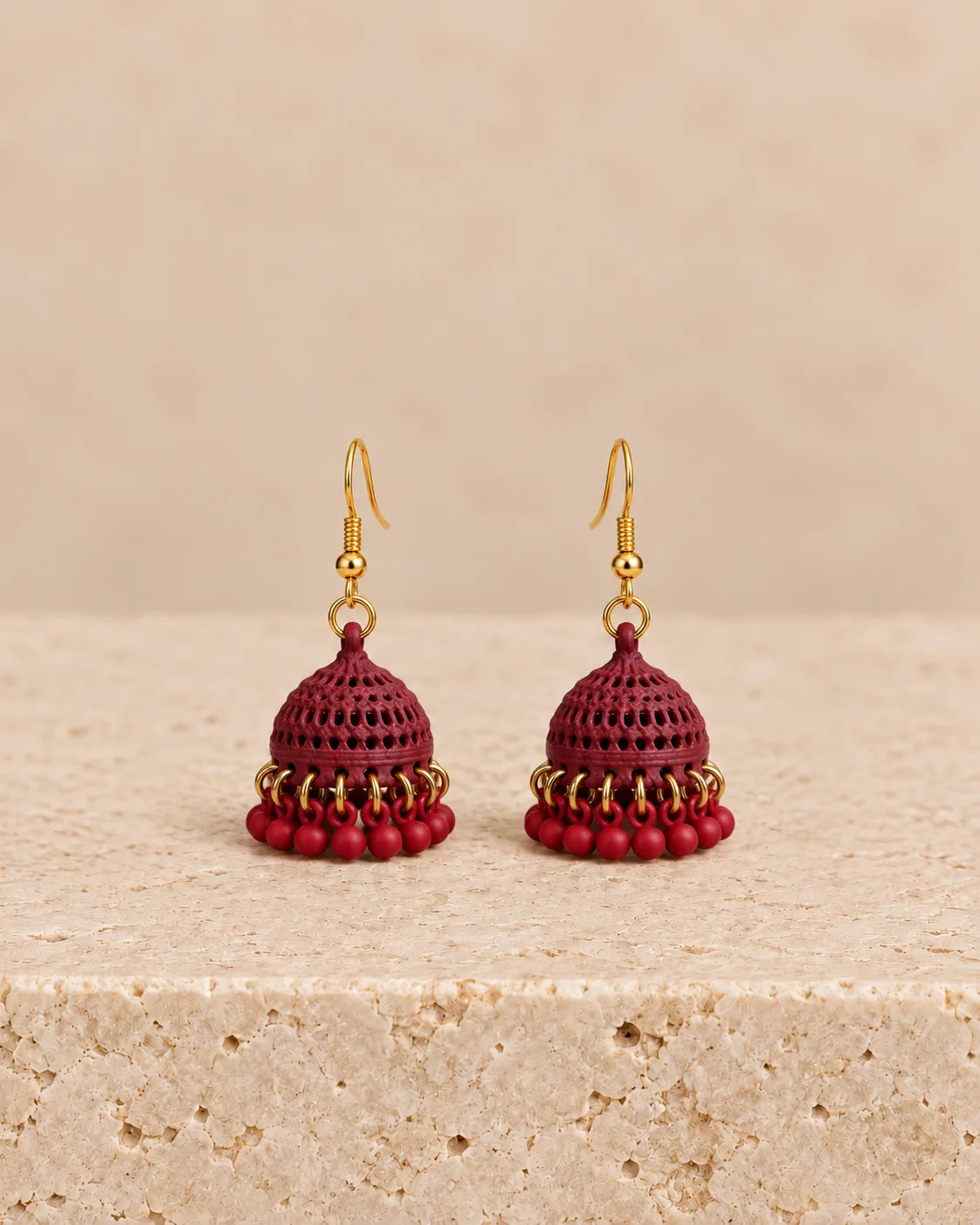 Maroon Dome Jhumka Earrings with Red Bead Fringe
