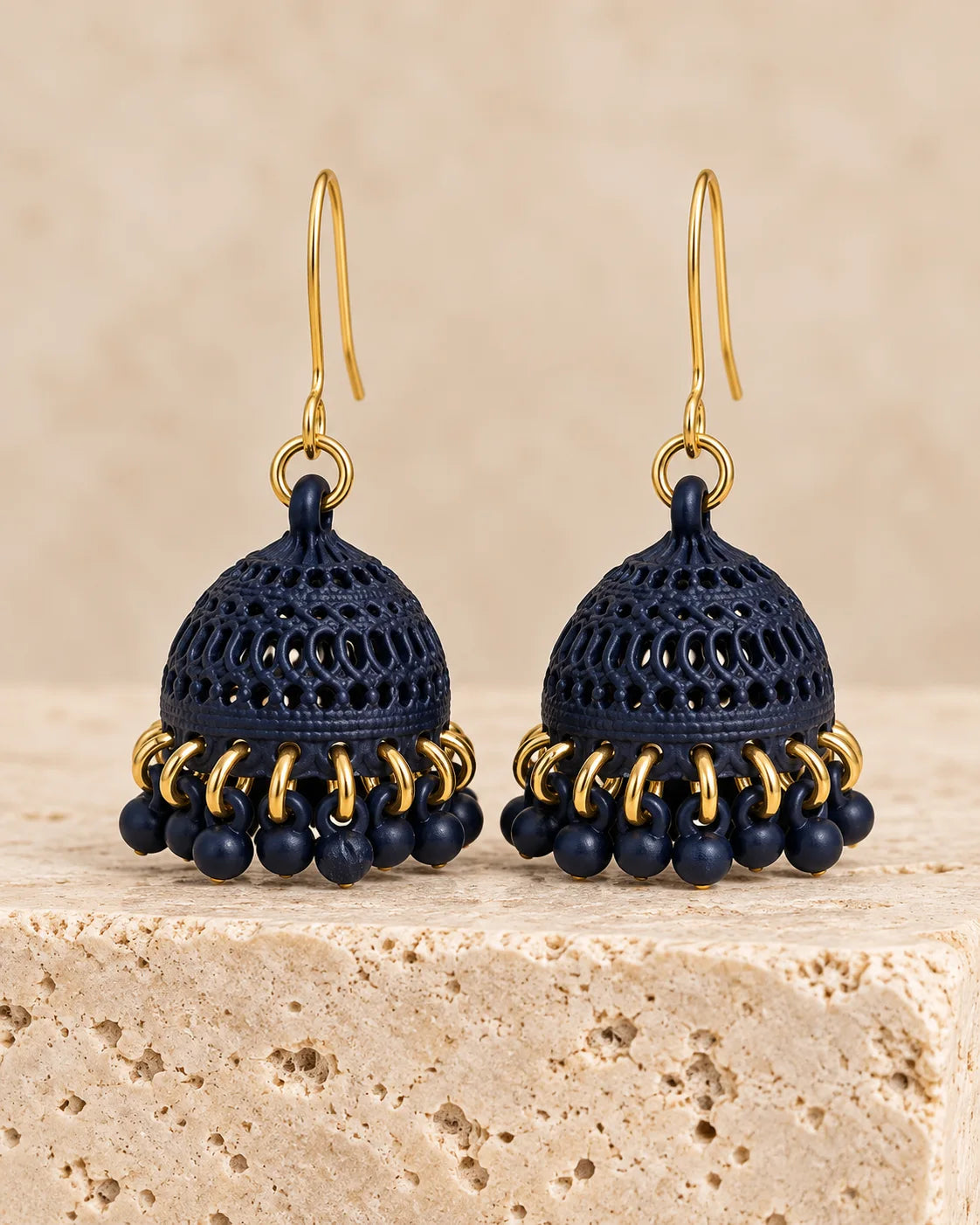 Navy Blue Dome Jhumka Earrings with Gold-Tone Bead Detailing