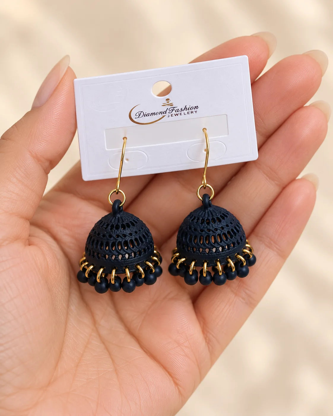 Navy Blue Dome Jhumka Earrings with Gold-Tone Bead Detailing
