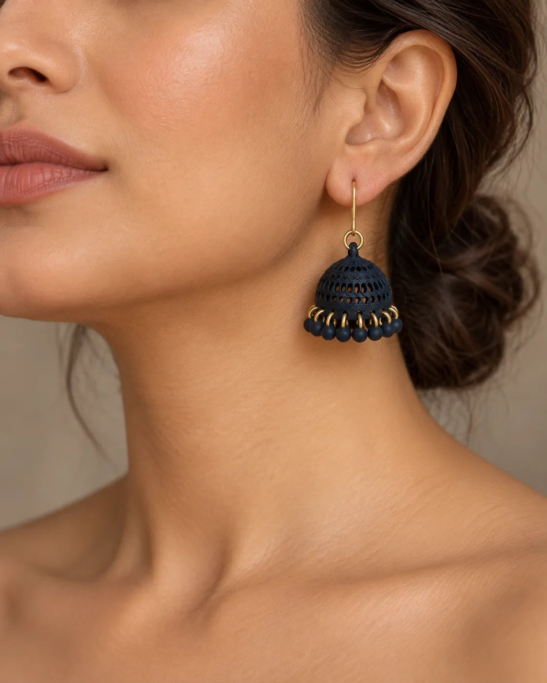 Navy Blue Dome Jhumka Earrings with Gold-Tone Bead Detailing