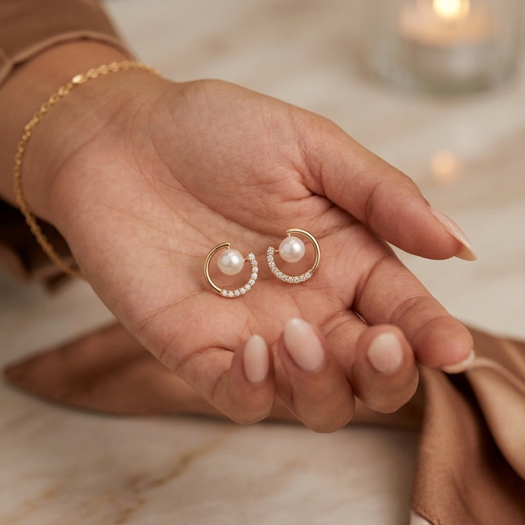 Gold Hollow Circle Imitation Pearl Crystal Stud Earrings