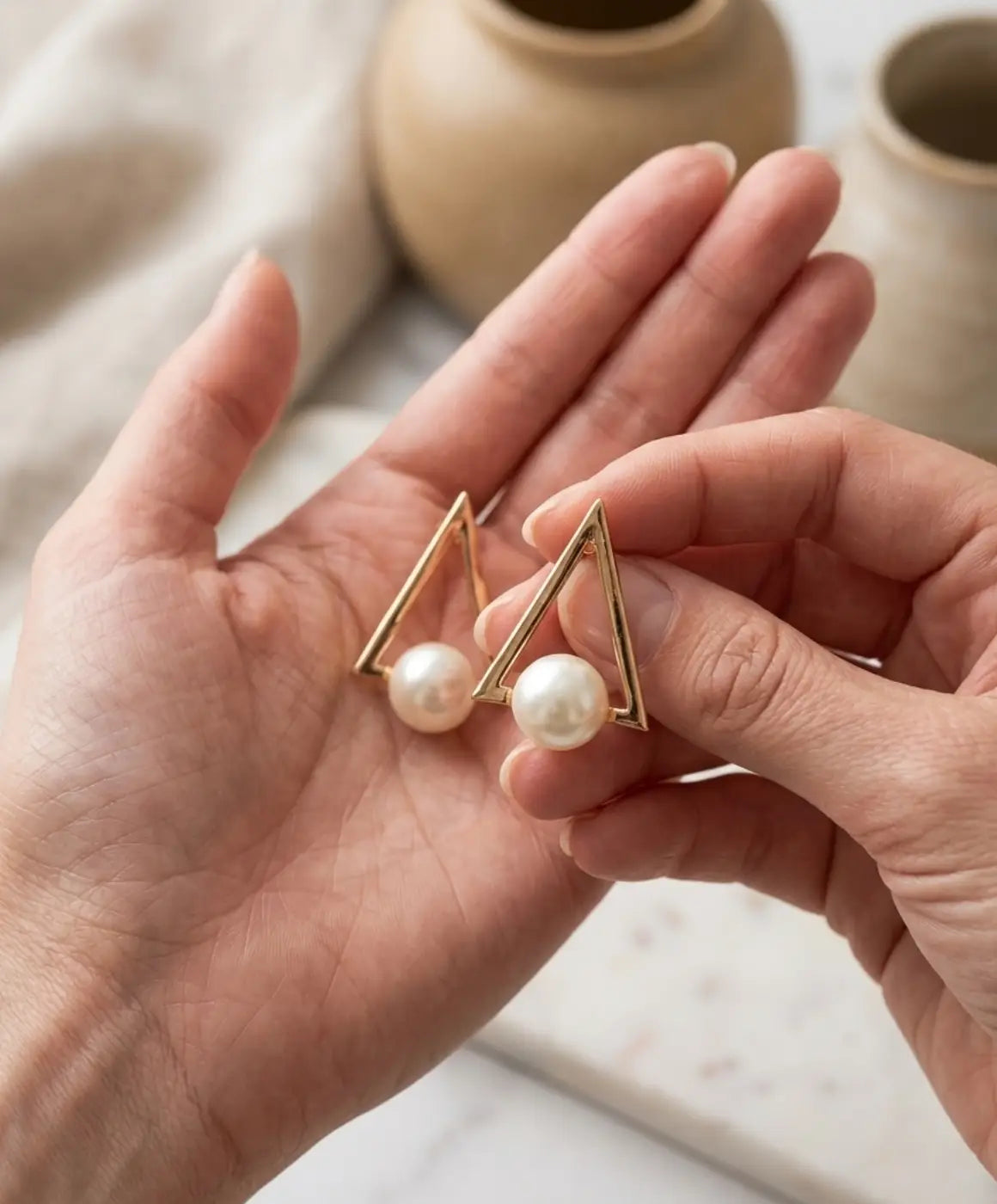Gold Triangle Pearl Drop Earrings for Women Elegant Geometric Jewelry