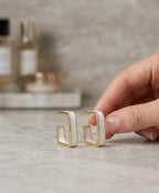 White Enamel Gold Geometric Hoop Earrings for Women – Elegant Modern Jewelry