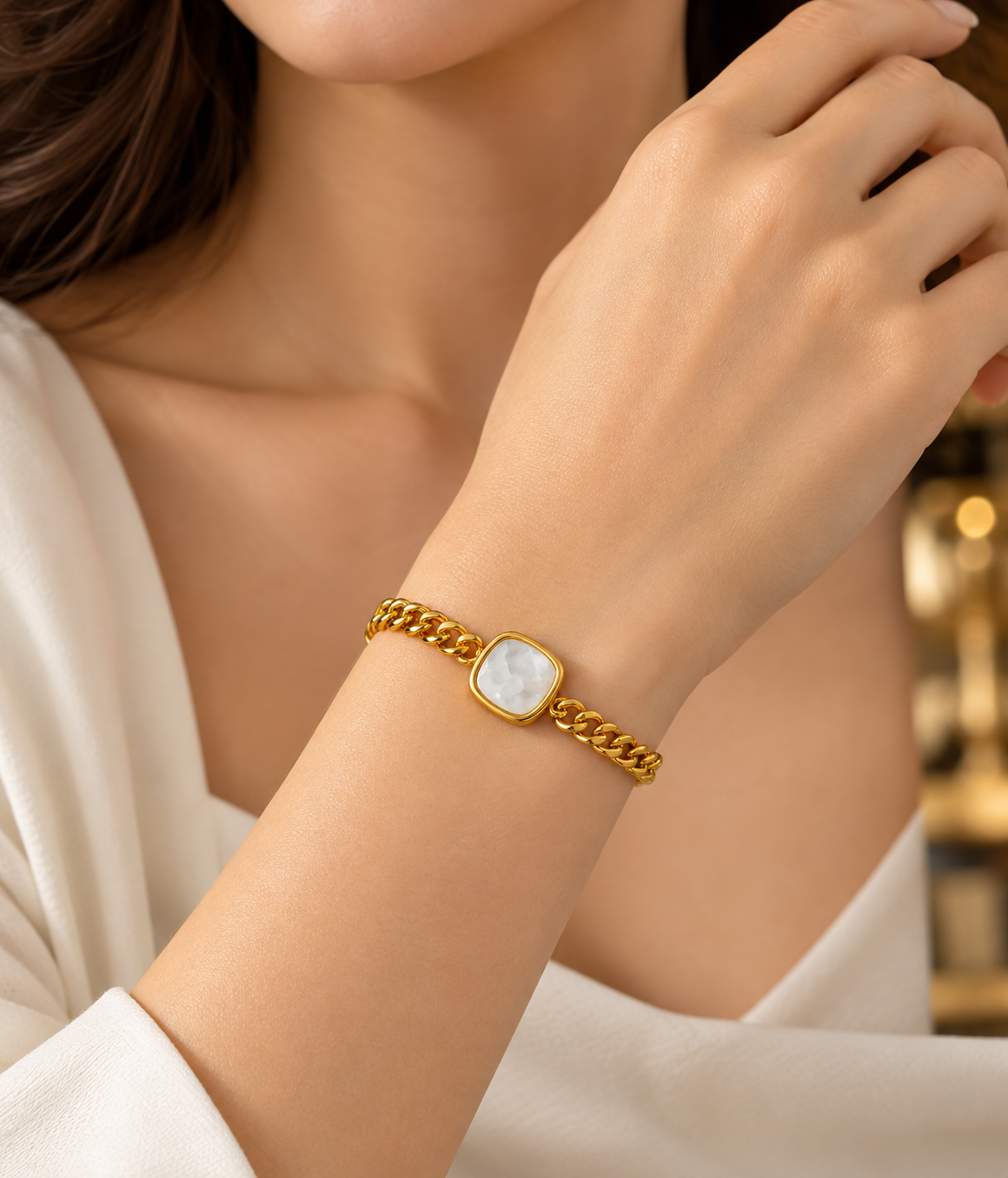 Gold-Tone Chain Bracelet With White Oval Stone Charm