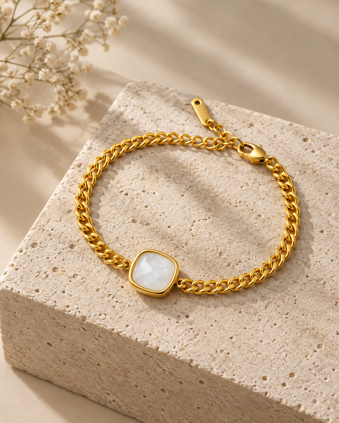 Gold-Tone Chain Bracelet With White Oval Stone Charm