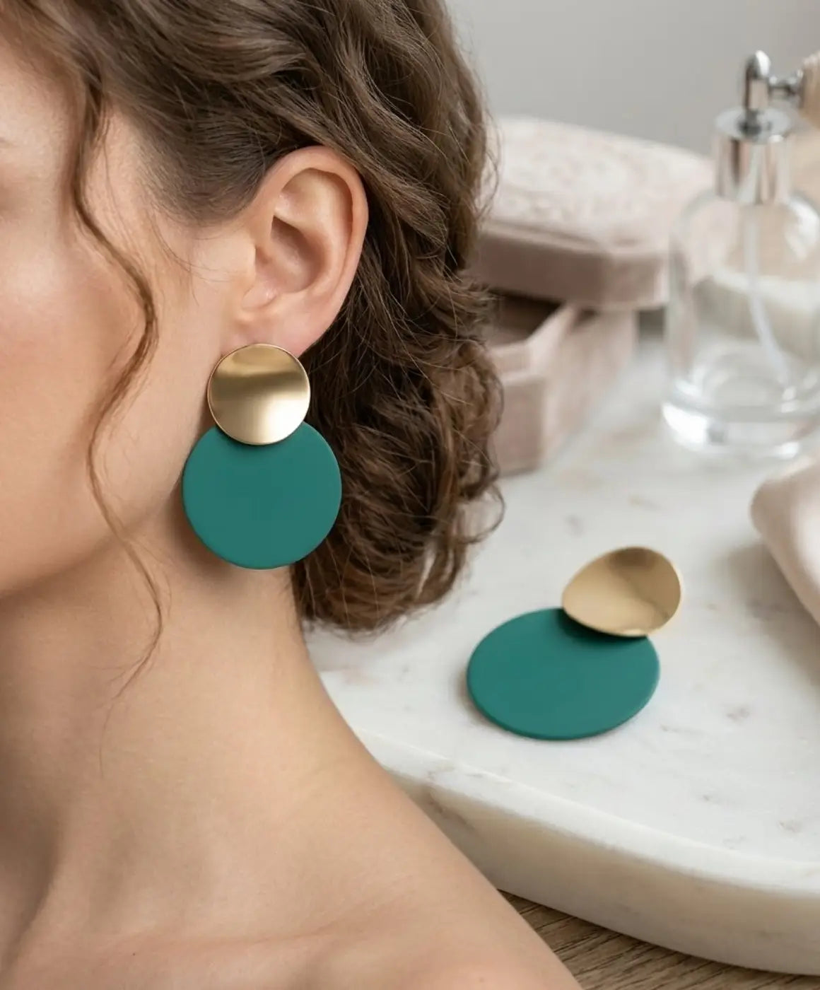 Green and Gold Round Drop Earrings for Women – Stylish Everyday Jewelry
