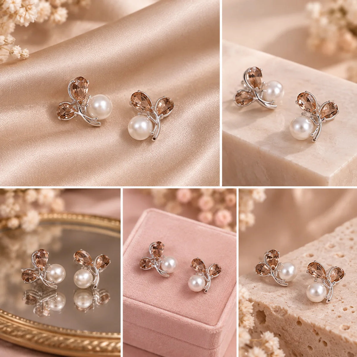 Butterfly earrings with white pearl accents