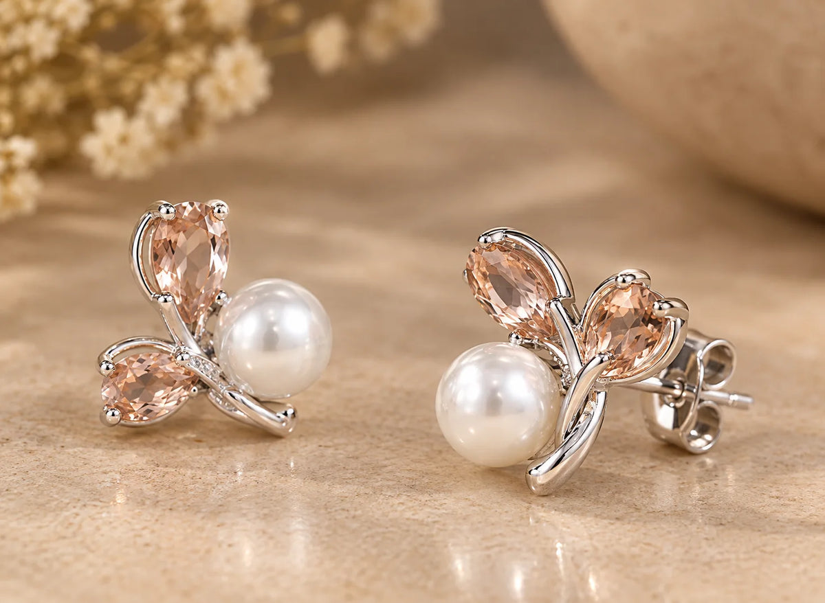 Silver-tone peach pearl stud earrings